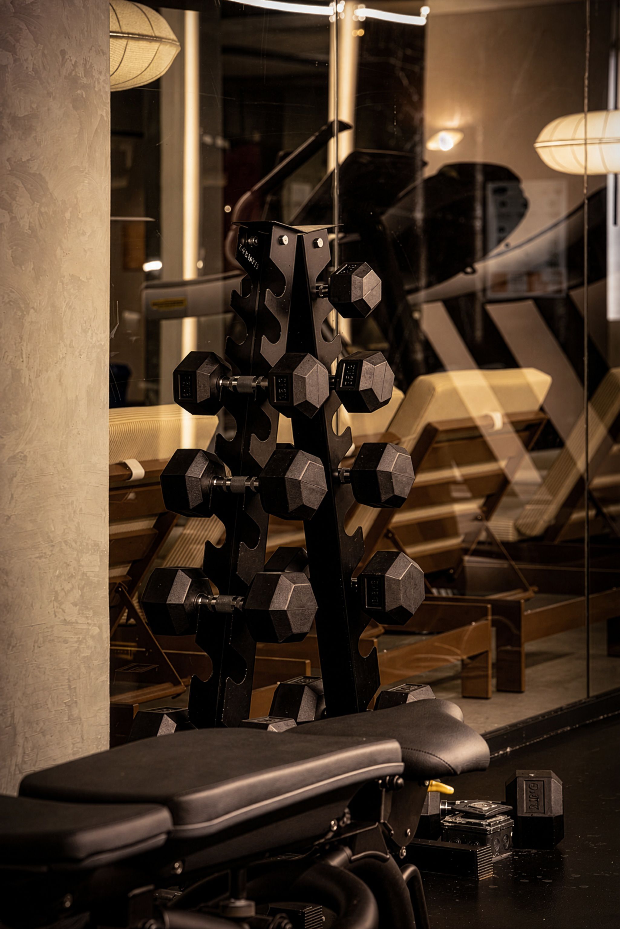 A gym with various exercise equipment, including dumbbells and a bench.