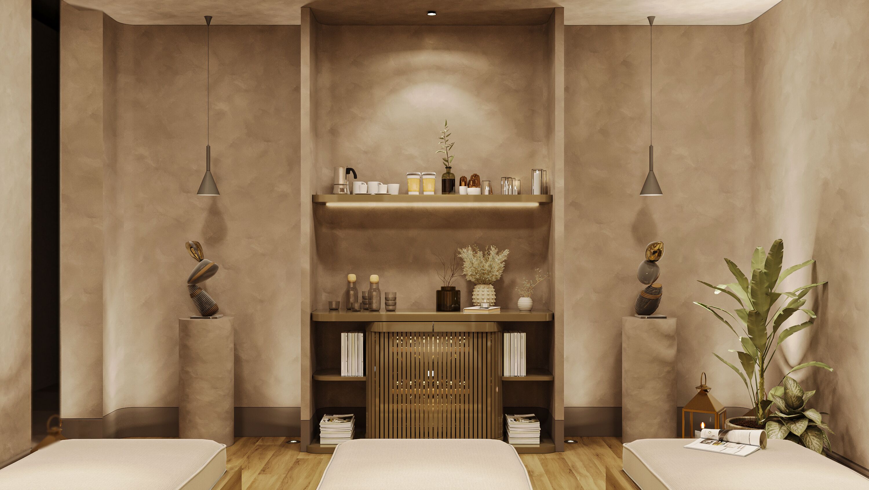 Een moderne slaapkamer met een houten vloer, een centraal geplaatst wandmeubel met decoratieve items, en twee nachtkastjes met lampen.