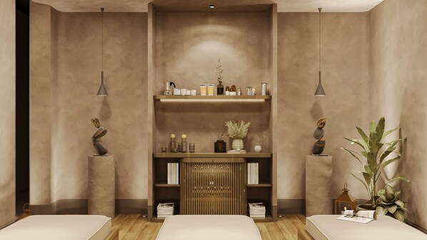 A modern bedroom with a wooden floor, a central shelving unit with decorative items, and two bedside tables with lamps.