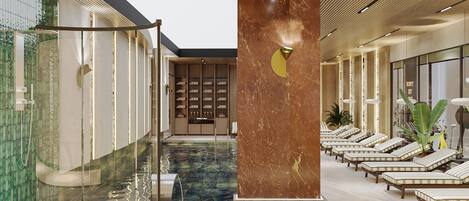 A modern indoor pool area with lounge chairs, a glass-enclosed shower, and a marble column.