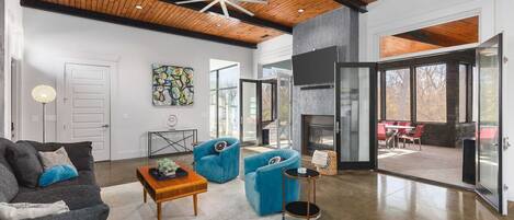 Smart TV, fireplace, books