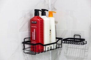 Shower, hair dryer, towels, soap