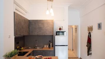 Boho Apartment | Cucina privata | Frigorifero con congelatore, microonde, forno, piano cottura