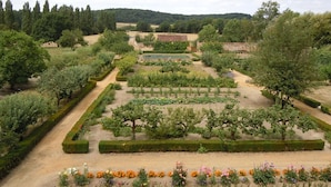 Ein formeller Garten mit ordentlich angelegten Blumenbeeten und Hecken.