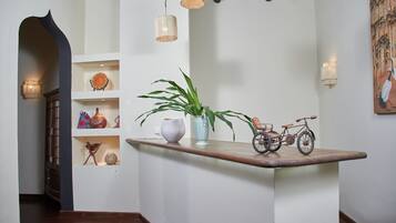 A hallway with a wooden bench, a potted plant, a bicycle, and shelves with decorative items.
