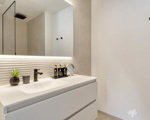 Bathroom features a large vanity with a mirror and a potted plant.