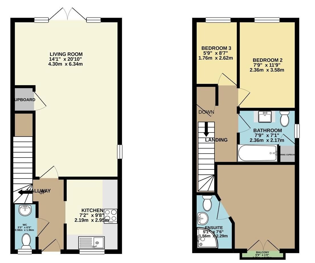 A floor plan of a property with a living room, kitchen, two bedrooms, a bathroom, and a balcony.