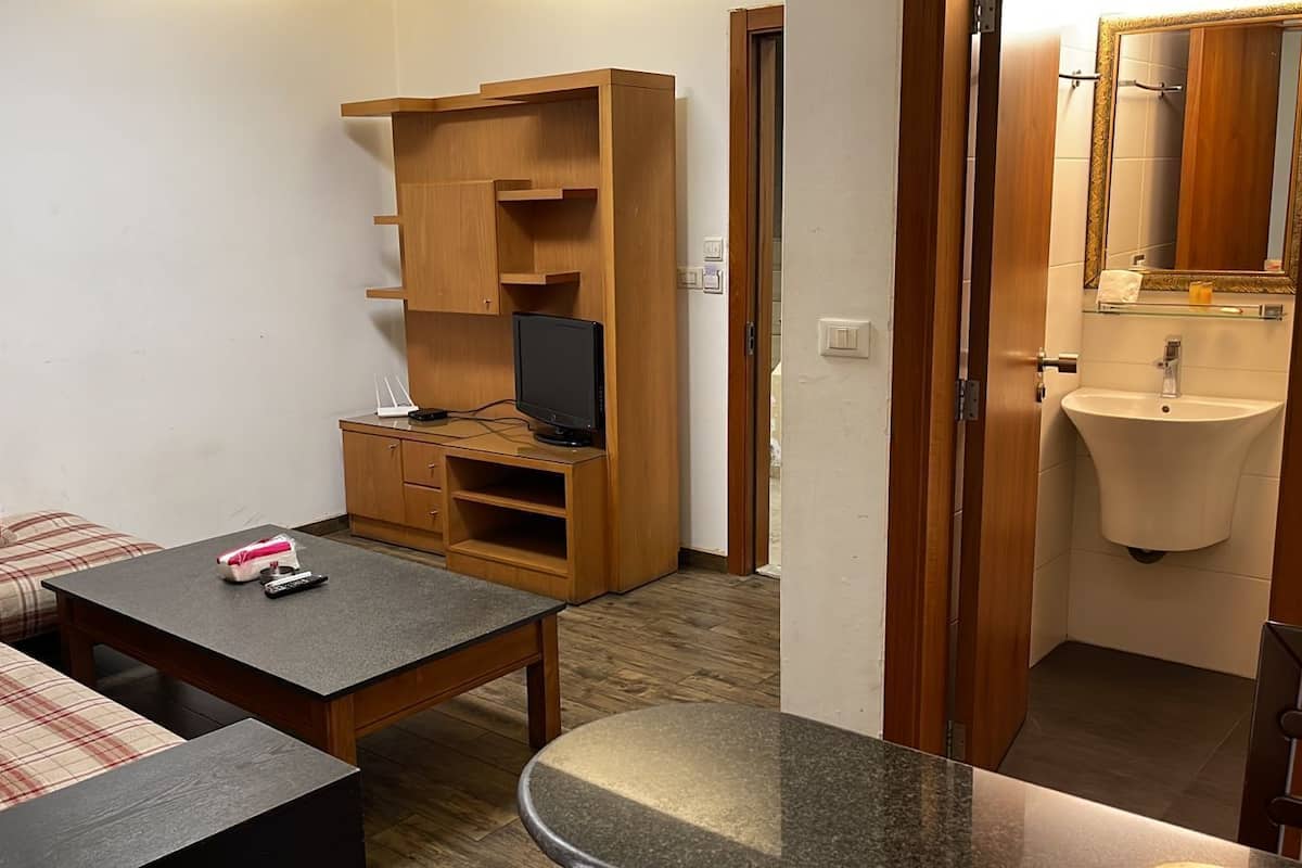 A compact living space with a sofa, a small table, a TV on a wooden stand, and a bathroom with a sink and mirror.