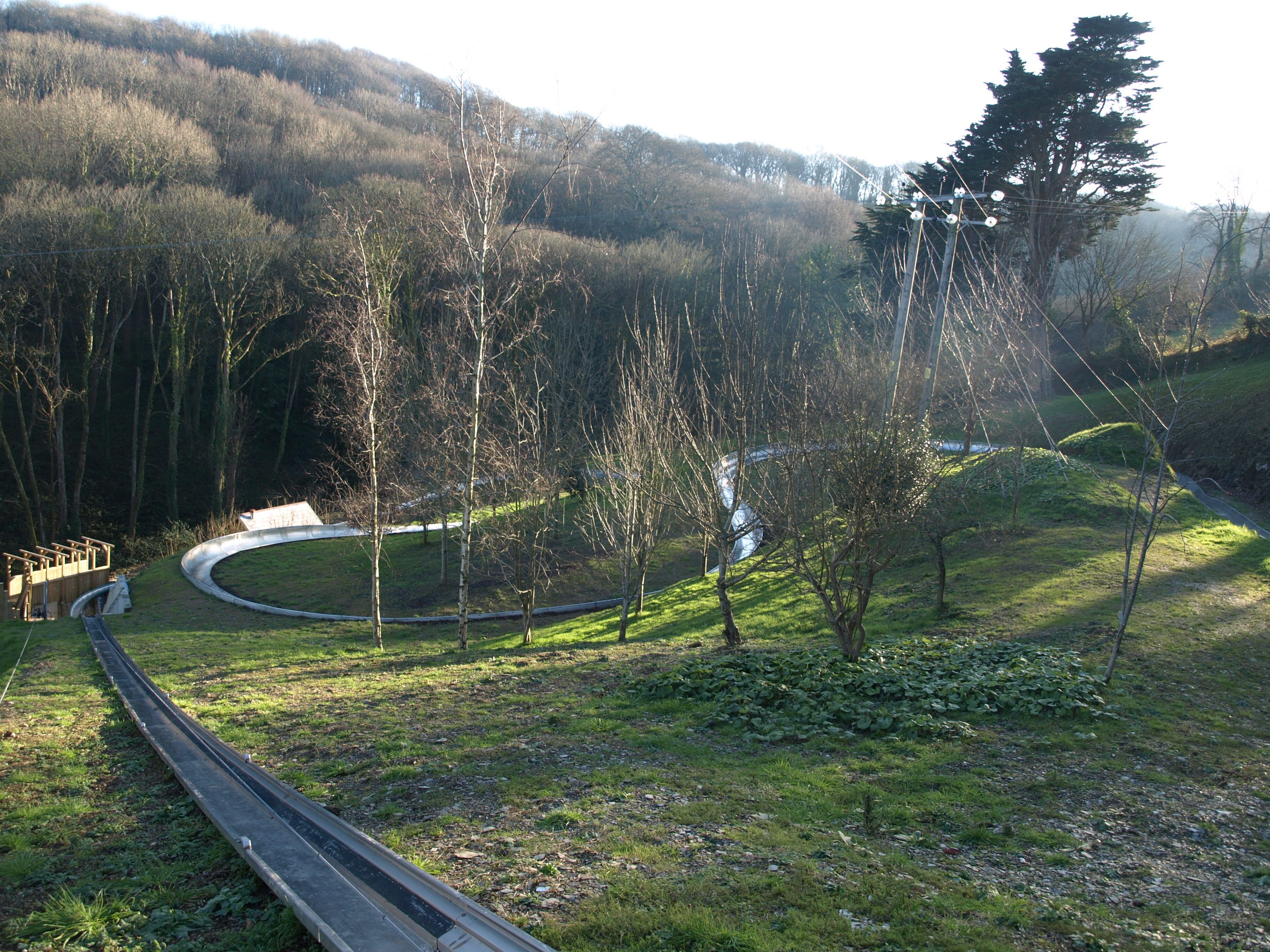 A train track curving through a forested area with a small wooden structure on the left.