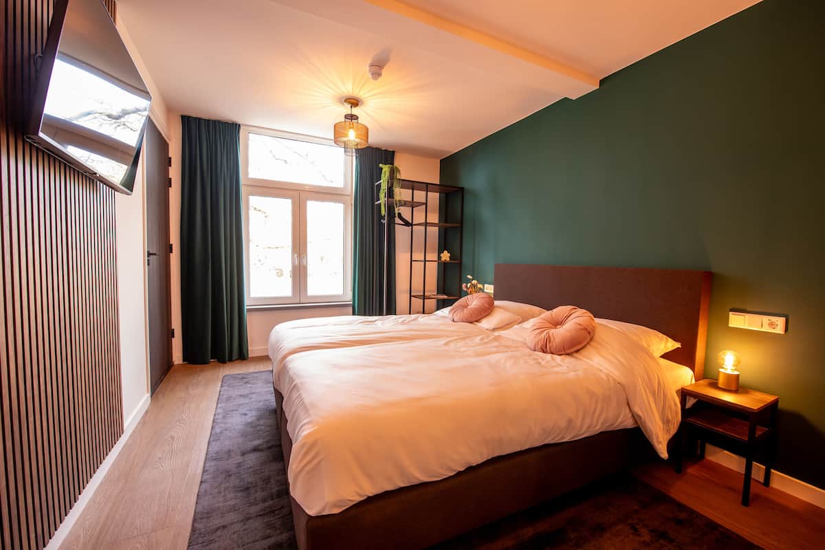 A bedroom with two beds, a bedside table with a lamp, a window with curtains, and a plant on a shelf.