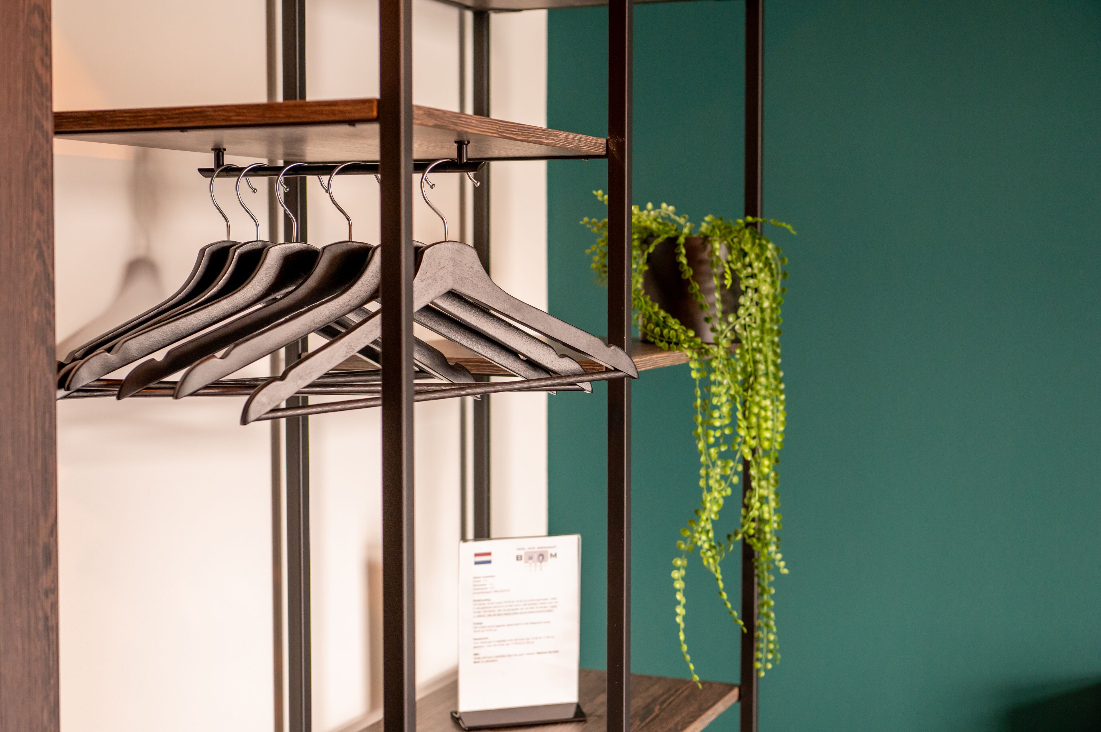 A clothing rack with hangers and a potted plant against a teal wall.