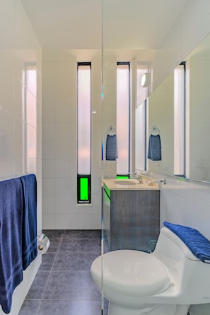 Deluxe-Studiosuite | Badezimmer | Dusche, Regendusche, Haartrockner, Handtücher