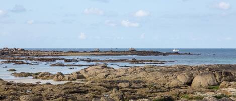 A rocky coastal landscape with a lighthouse in the distance.