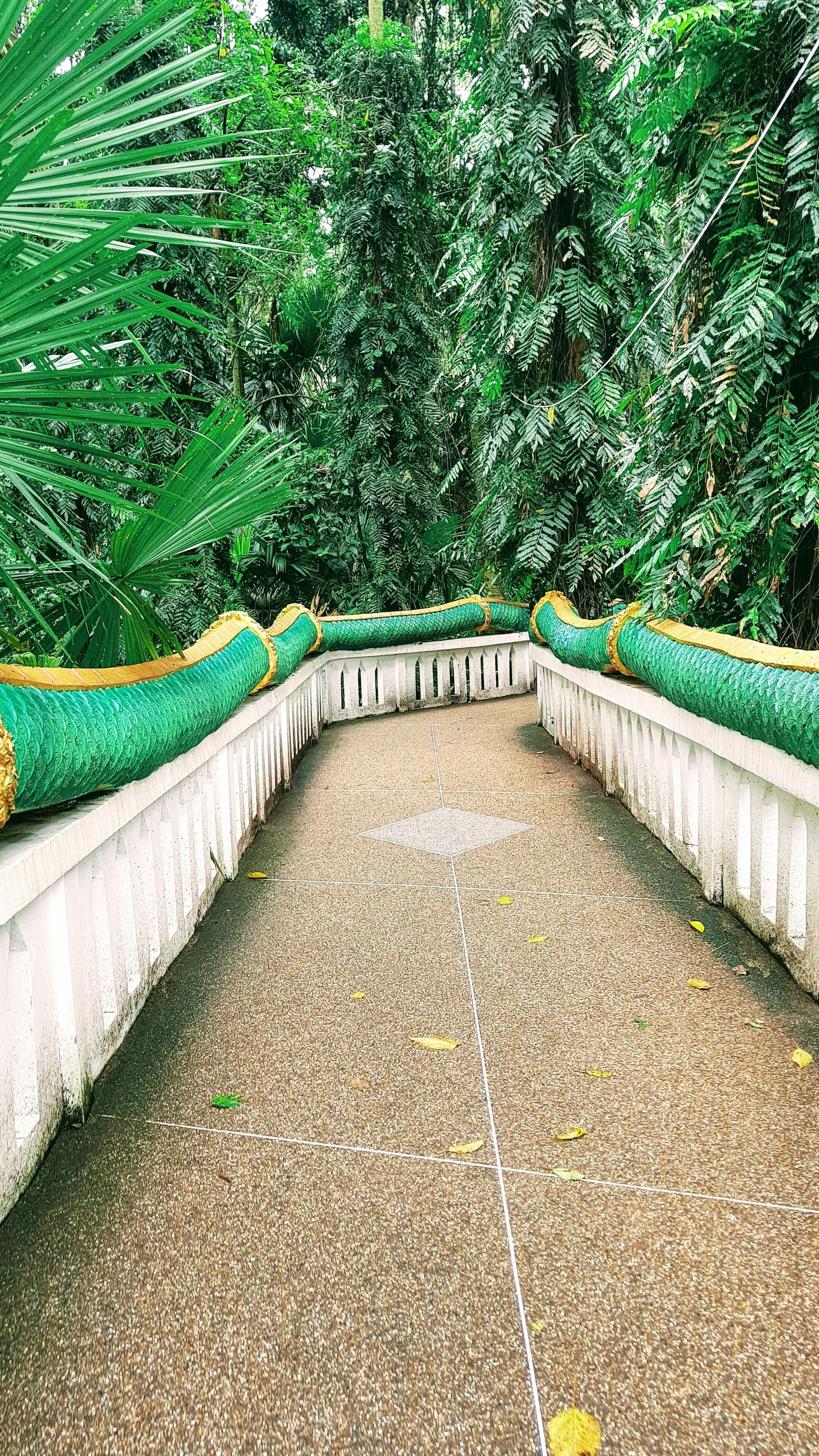 A pathway lined with green and yellow decorative elements, surrounded by dense foliage.