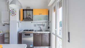 Una cocina moderna con estufa a gas, electrodomésticos de acero inoxidable y una ventana que proporciona luz natural.