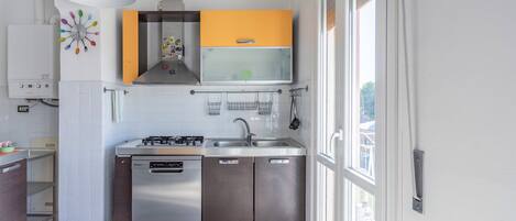 Fridge, microwave, oven, dishwasher