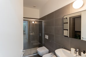 Chuveiro, secador de cabelo, toalhas de banho 