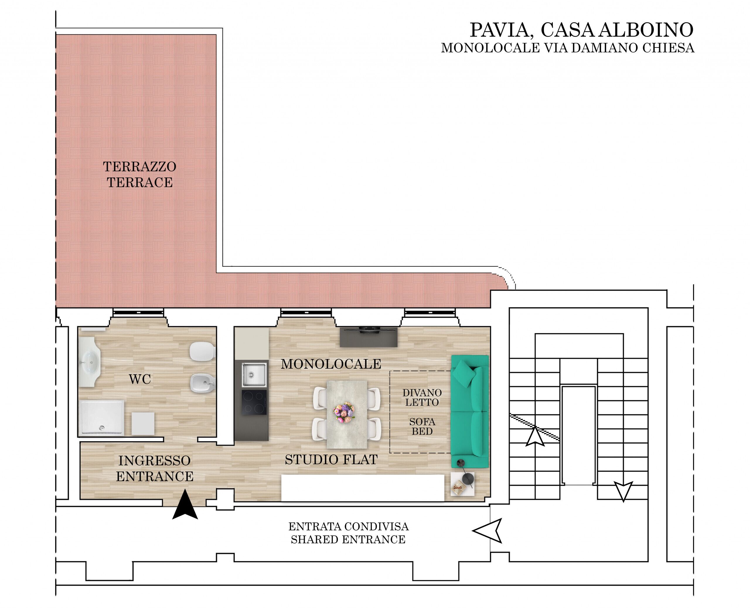 A floor plan of a single-room apartment with a terrace, a shared entrance, a studio flat, a monolocale, a divano lettto, and a sofa bed.
