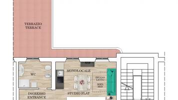 A floor plan of a single-room apartment with a terrace, a shared entrance, a studio flat, a monolocale, a divano lettto, and a sofa bed.