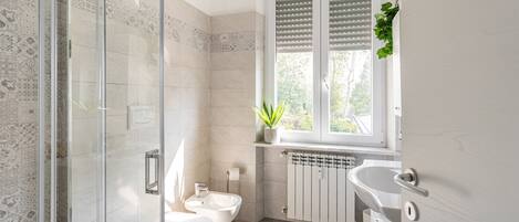 Shower, hair dryer, towels