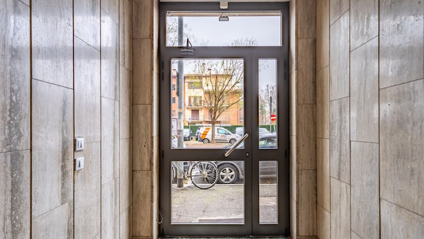 Une entrée moderne avec une porte en verre, un paillasson et une vue sur la rue.