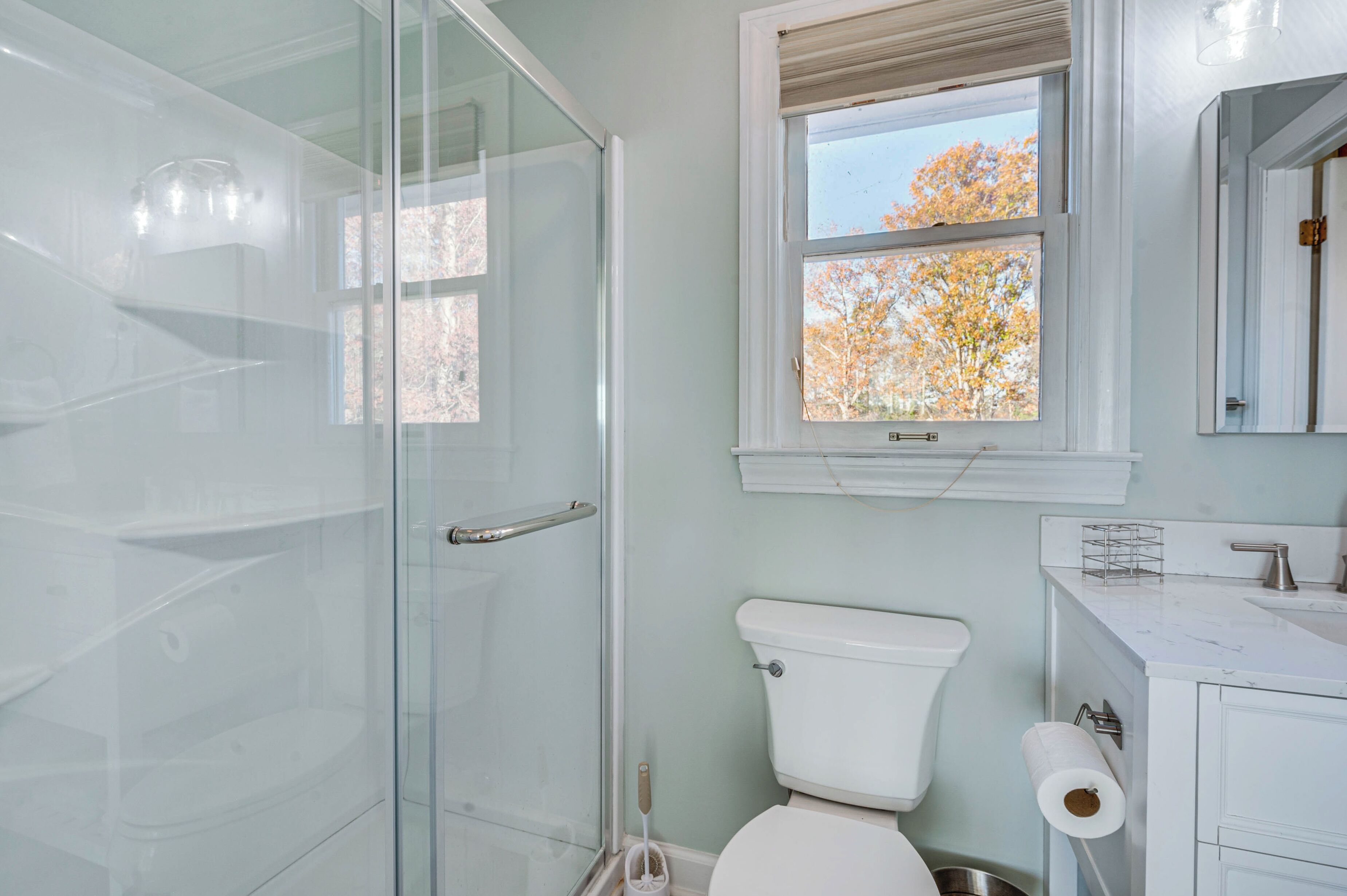 A bathroom with a glass shower enclosure, a toilet, and a sink with a mirror above.