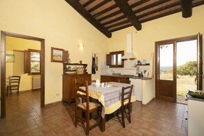 Ofen, Herdplatte, Kochgeschirr/Geschirr/Besteck, Esstisch