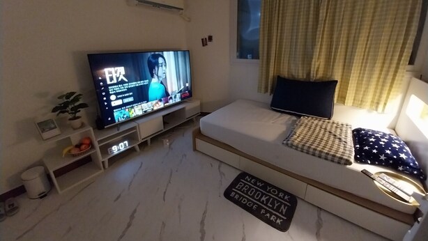 En moderne stue med et fladskærms-tv, en sofa, et lille bord og en potteplante.