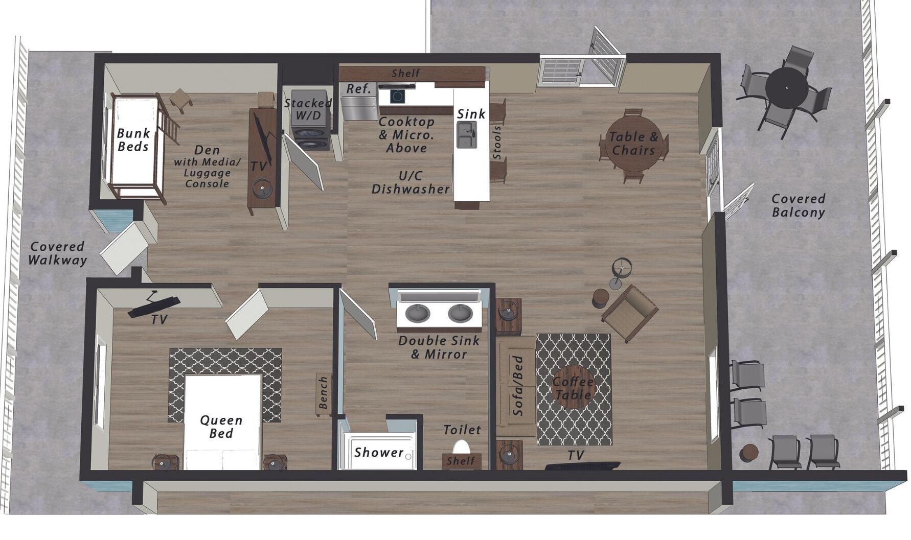 Distribució d'una habitació d'hotel amb llits superposats, un espai de relaxació amb zona per a equipatge, un balcó cobert, un lavabo doble amb mirall, una taula de cafè i un televisor.