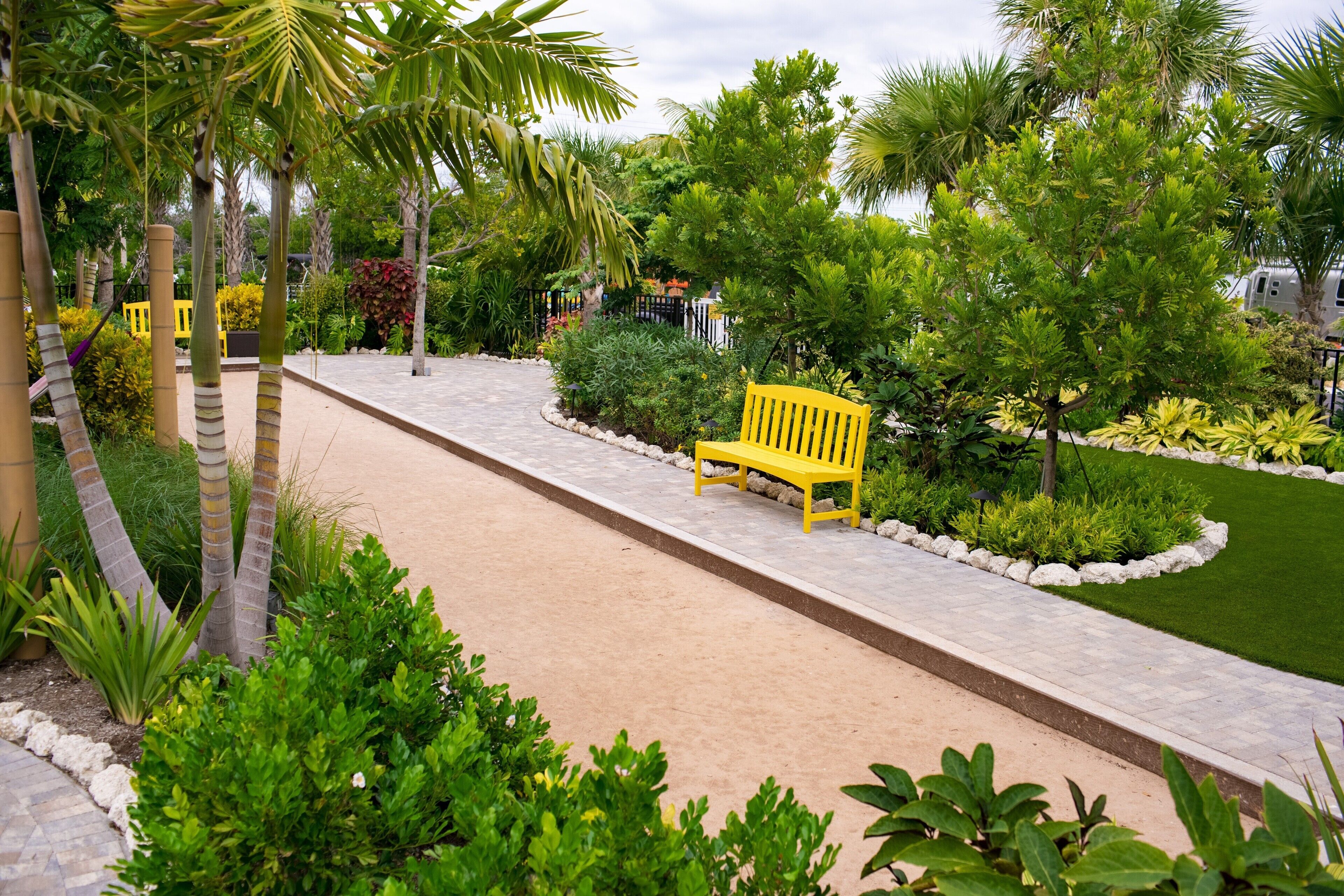 A paved pathway with a yellow bench, surrounded by lush greenery and palm trees.