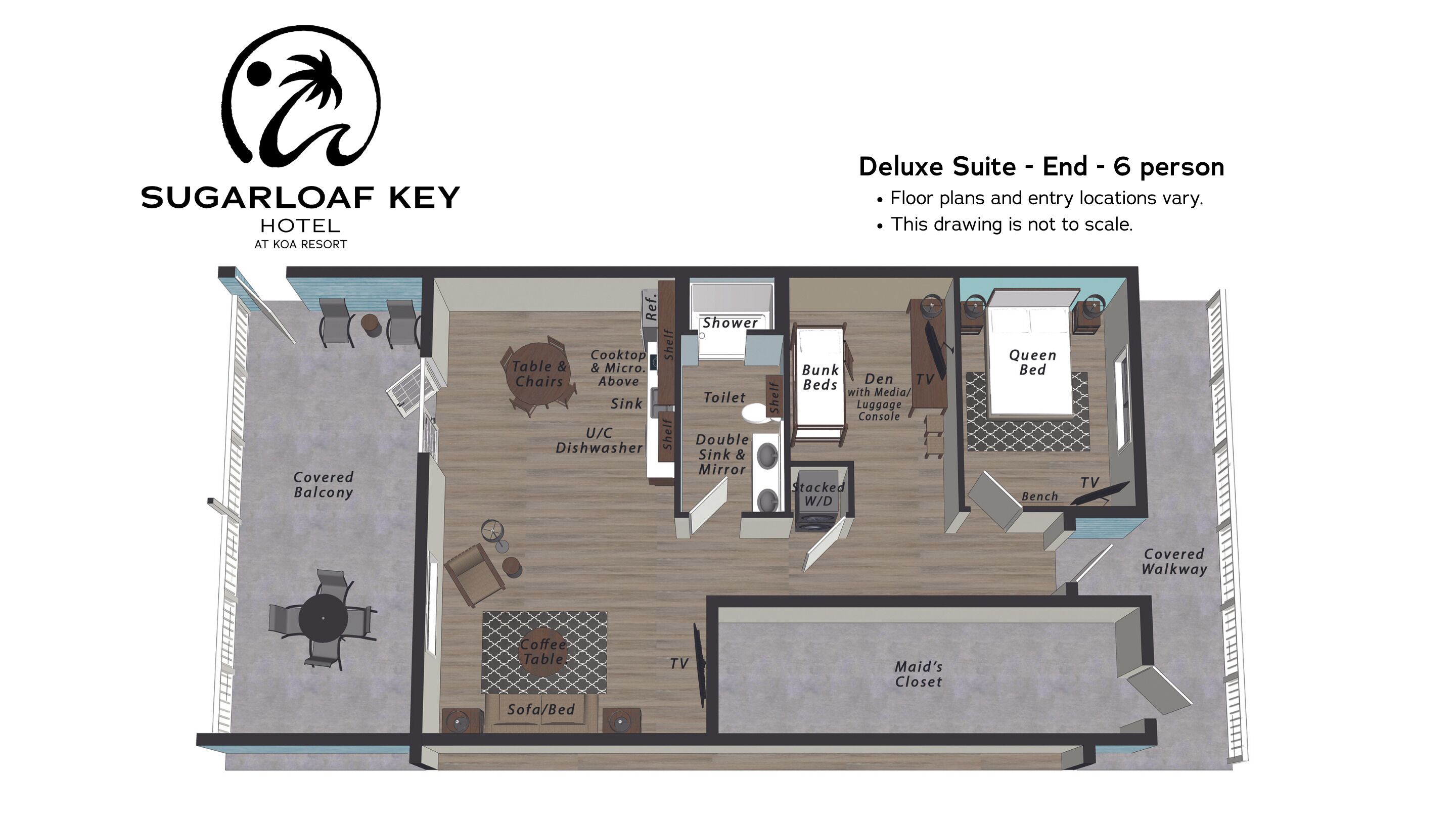 Plano de planta de la Suite Deluxe del Hotel Sugarloaf Key, que incluye un balcón cubierto, un armario de limpieza, una mesa de centro, un sofá cama, una zona de mesa y sillas, una litera, una cama tamaño queen, un televisor, un lavabo doble con espejo, un inodoro, una hornilla y microondas, un estante, un televisor, un banco, un pasillo cubierto y un balcón cubierto.