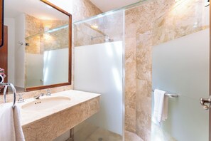 Shower, hair dryer, towels