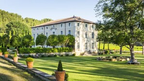 A large, classical building with a symmetrical facade, a central staircase, and a well-manicured lawn with potted plants. - Chateau en Provence (Loriol-du-Comtat)