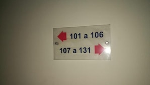 Un panneau avec des flèches indiquant les numéros de chambre allant de 101 à 106 et de 107 à 131.