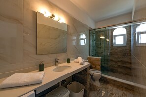 Luxury Apartment | Bathroom | Shower, rainfall showerhead, hair dryer, towels - Sweet Home Apartments (Rhodes)