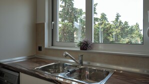 A kitchen with a stainless steel sink, a window with a view of trees, and a potted plant on the windowsill. - Sweet Home Apartments (Rhodes)