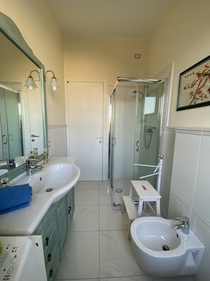 Een douche, een haardroger, een bidet, handdoeken