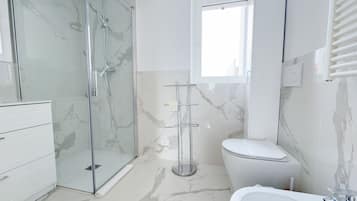 Shower, hair dryer, bidet, towels
