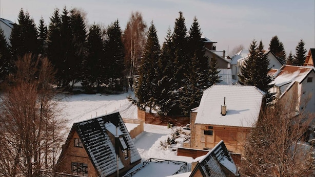 Un grupo de casas de madera con techos inclinados, rodeadas de nieve en el suelo y árboles.