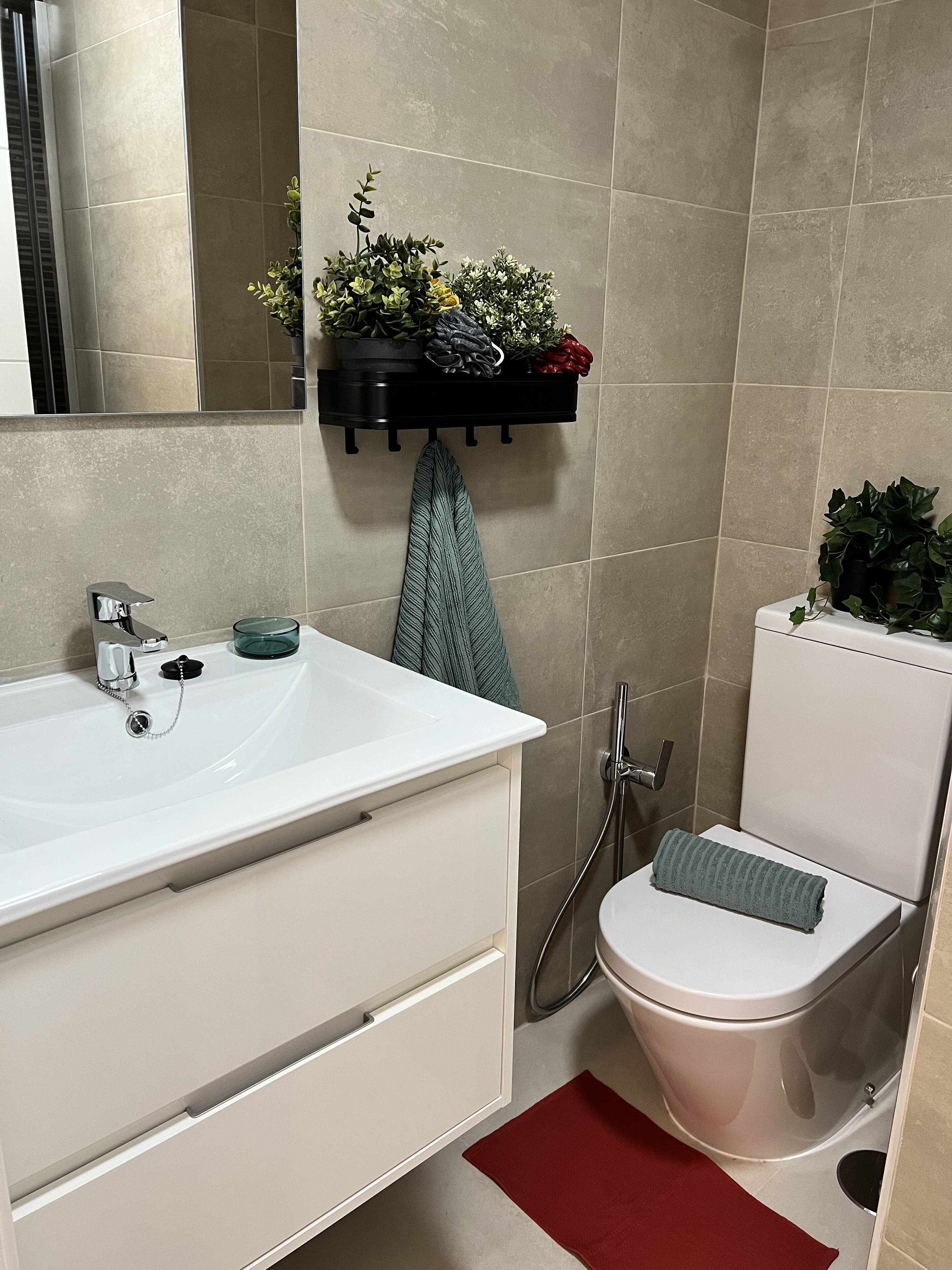 Un baño moderno con un lavabo blanco, un espejo, un estante negro con plantas, una toalla y un inodoro.