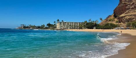 On the beach, sun-loungers, beach towels