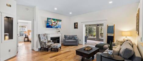 Smart TV, fireplace, video games, books