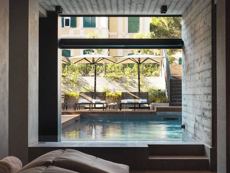 Indoor pool, outdoor pool, pool umbrellas, sun loungers