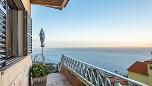 Un balcón con vista al mar, barandilla metálica y planta en maceta.