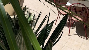 An outdoor patio area with red metal chairs and tables, surrounded by potted plants. - hoteltiffany (Rimini)