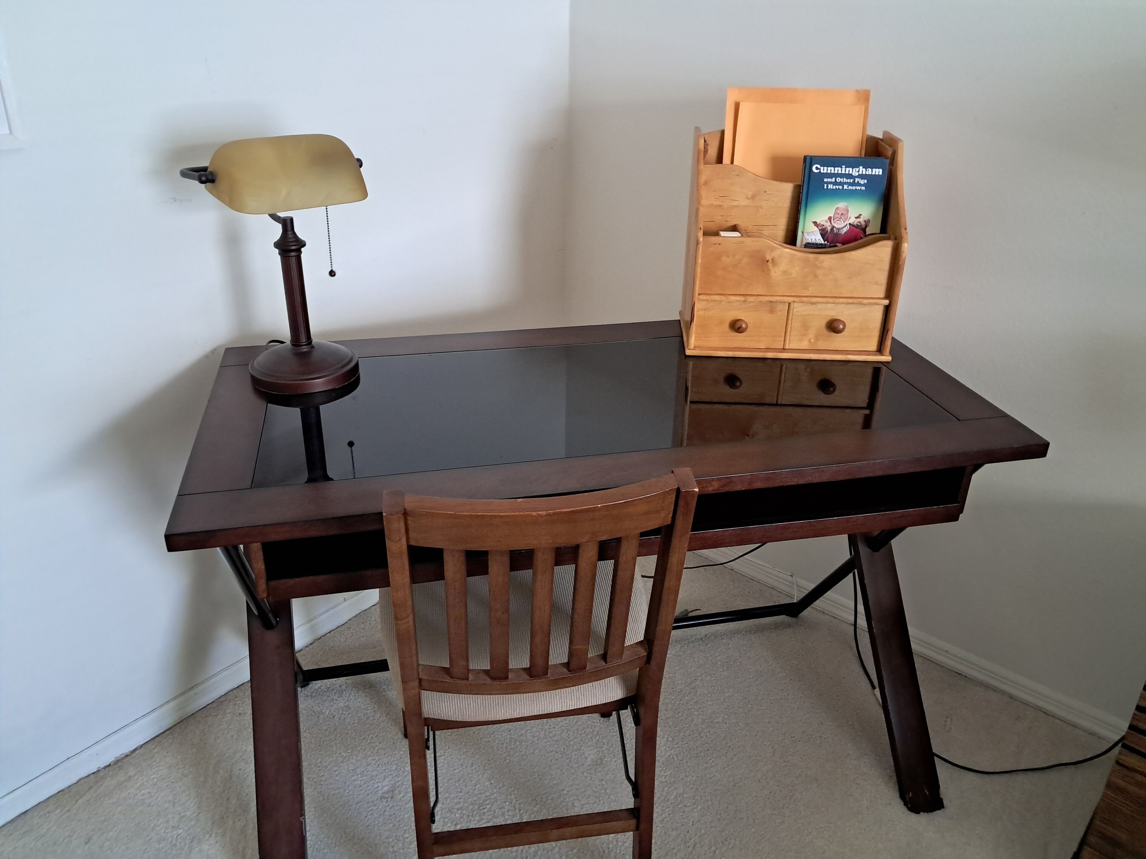 Un bureau en bois, une lampe, une chaise et un rangement pour livres.