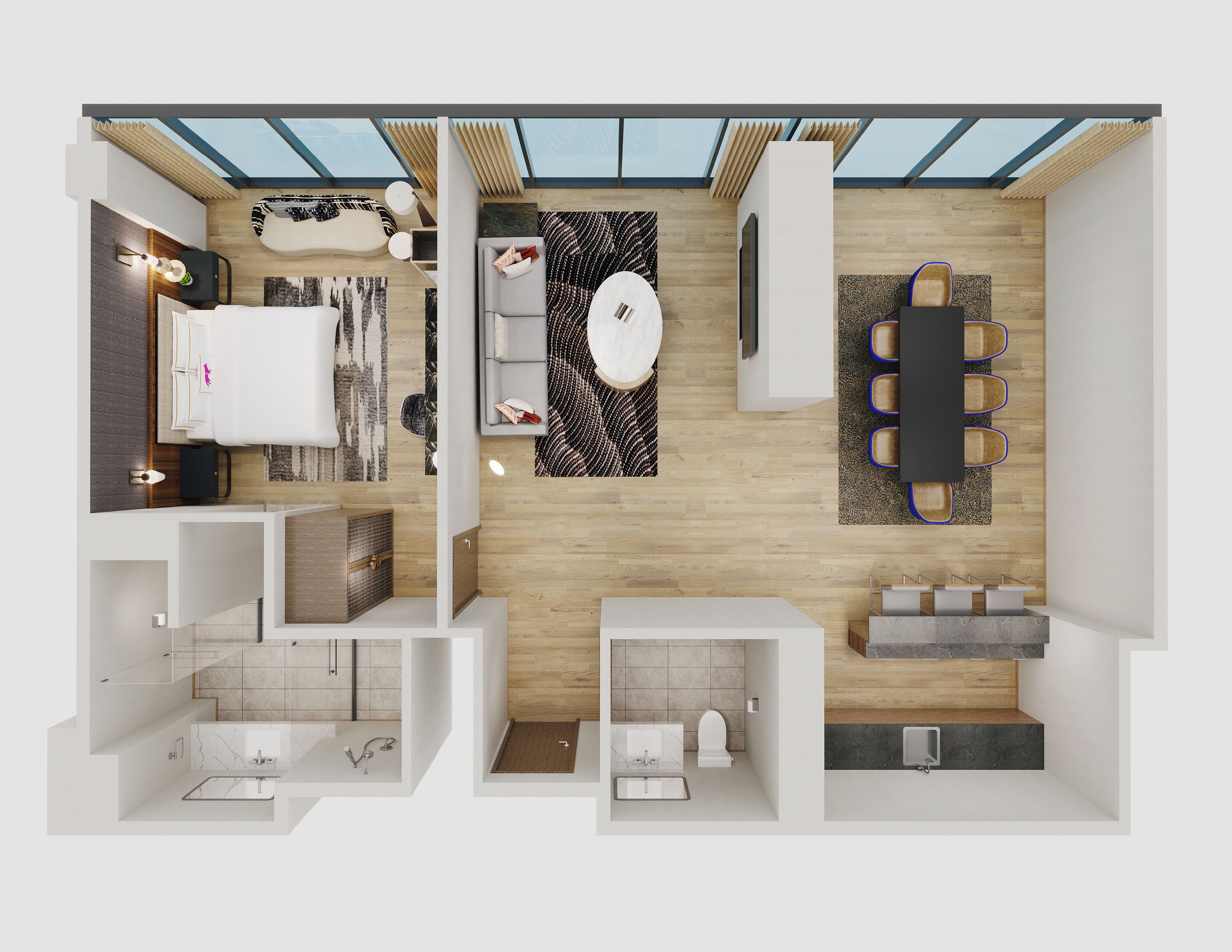 A modern hotel room with a large bed, a sitting area with a sofa and coffee table, a dining area with a table and chairs, and a separate bathroom with a shower and toilet.