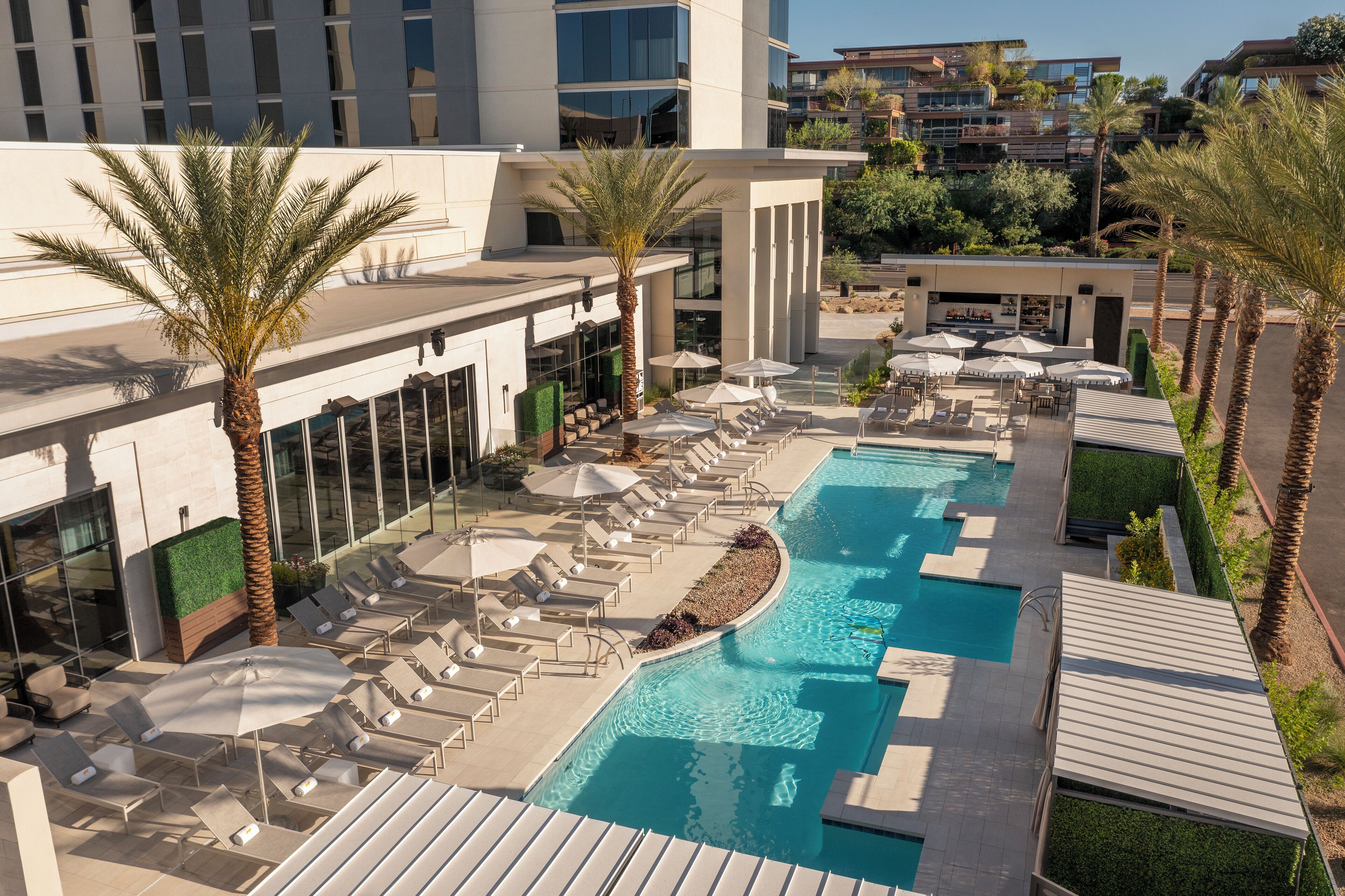 A pool area with sun loungers, umbrellas, and palm trees.