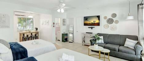 Iron/ironing board, travel crib, free WiFi, bed sheets