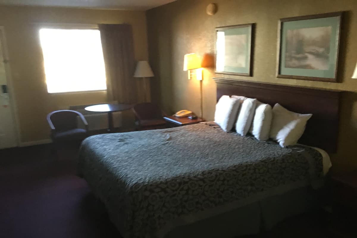 Une chambre d’hôtel avec un lit, un bureau, une chaise, une lampe et un tableau au mur.